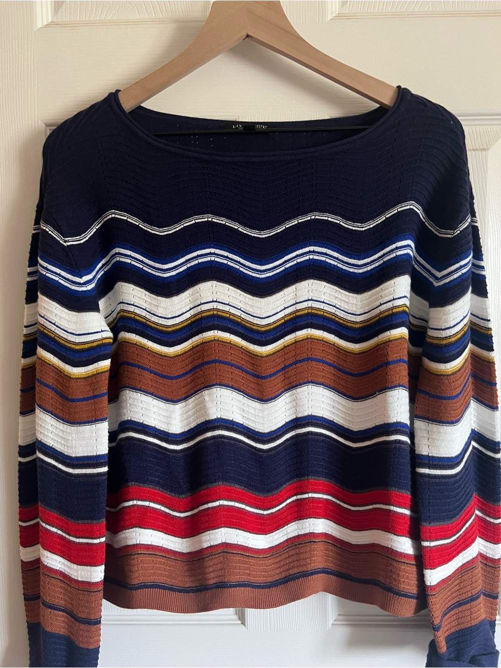 Liverpool Navy, White, Brown & Red Striped Scoopneck Sweater